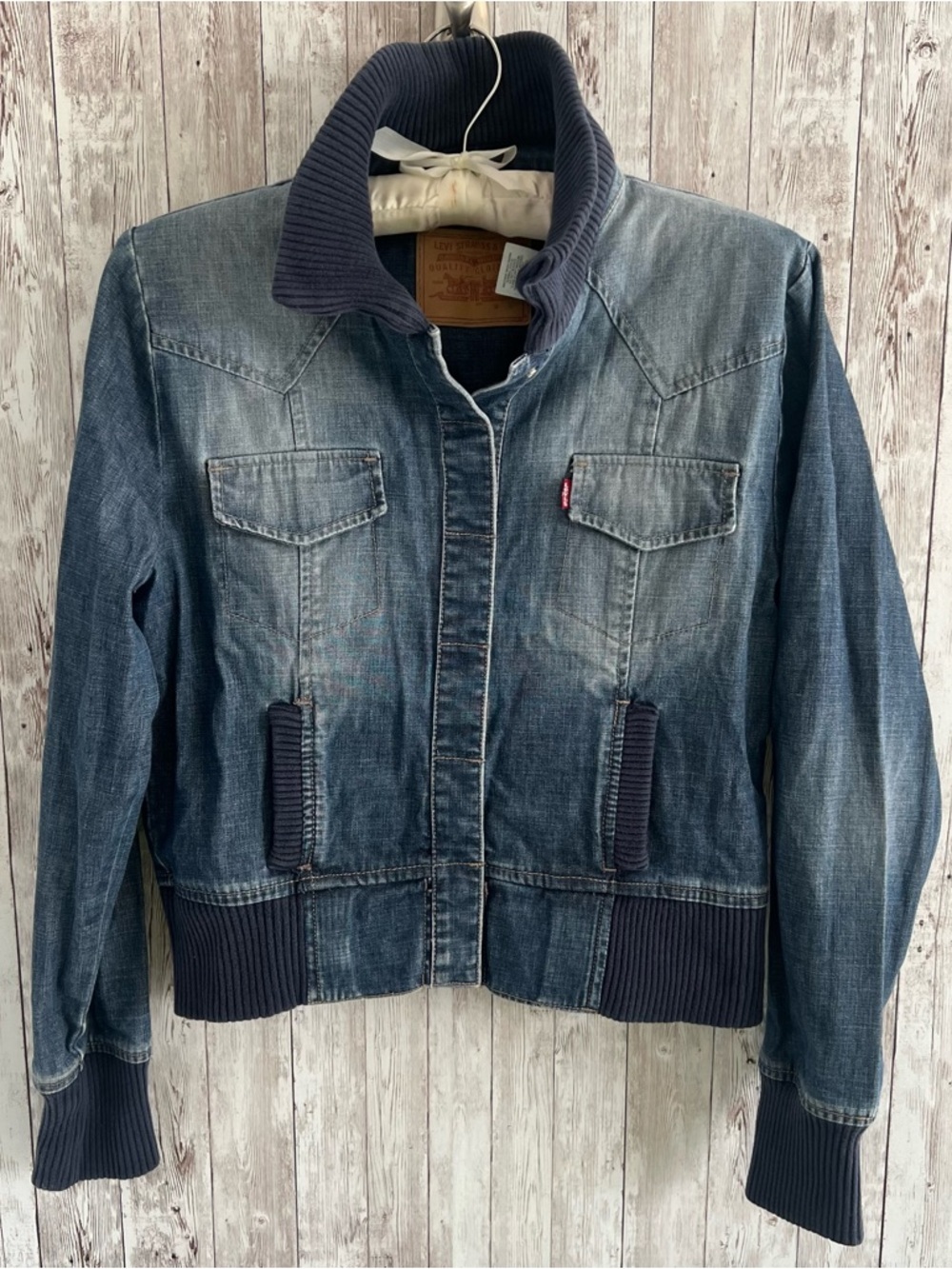 Levi's Blue Denim Bomber Jacket with Ribbed Navy Trim Faded Y2K 90’s Medium
